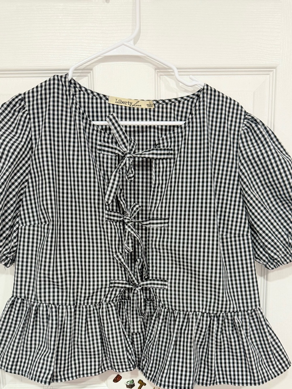 Liberty Love Black and White Gingham Tie-Front Peplum Dress